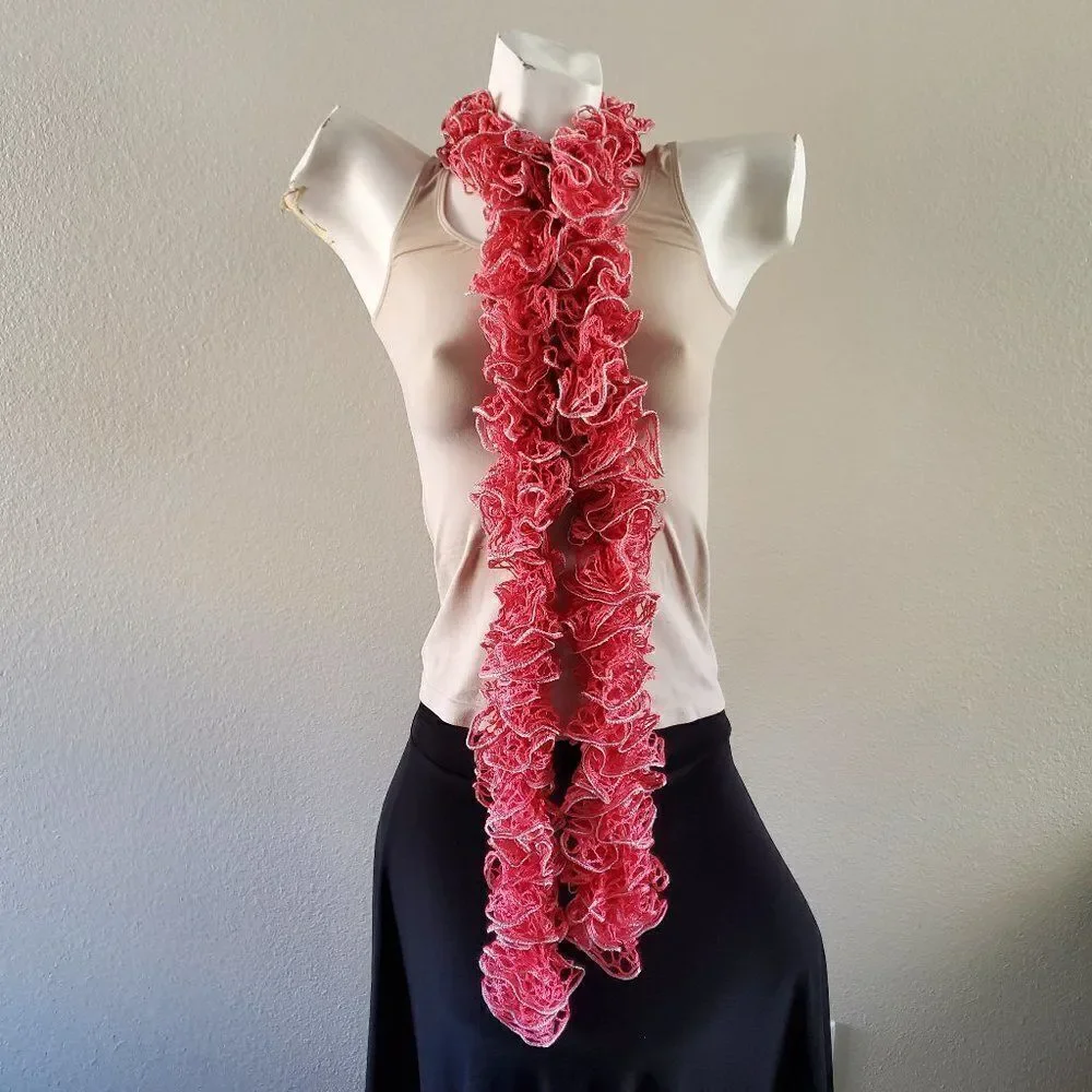 BOGO Scarf Sale - Hand Crafted crochet pink and silver ruffle scarf